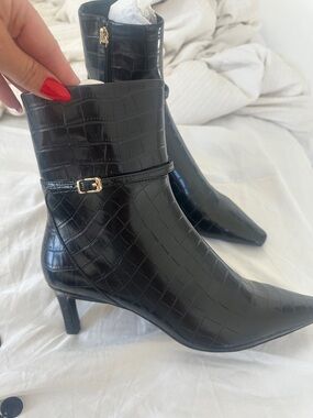 Zara Black Croc-Embossed Pointed Ankle Boots with Gold buckle